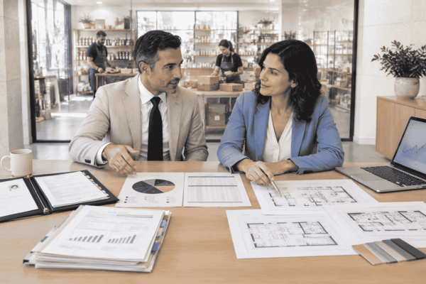 Small business owner and funding advisor preparing an SBA loan application with EIN and financial documents