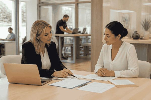 Business seller and broker reviewing seller financing terms in a business sale