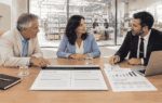 Business seller and buyer reviewing acquisition financing before accepting a purchase offer