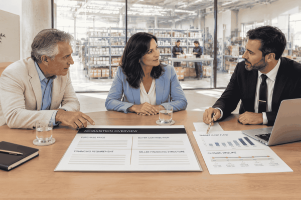 Business seller and buyer reviewing acquisition financing before accepting a purchase offer