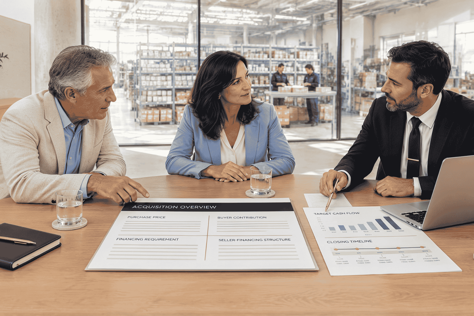 Business seller and buyer reviewing acquisition financing before accepting a purchase offer