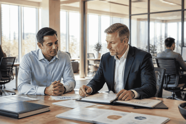 Business owner and broker preparing to sell a company after a decline in revenue
