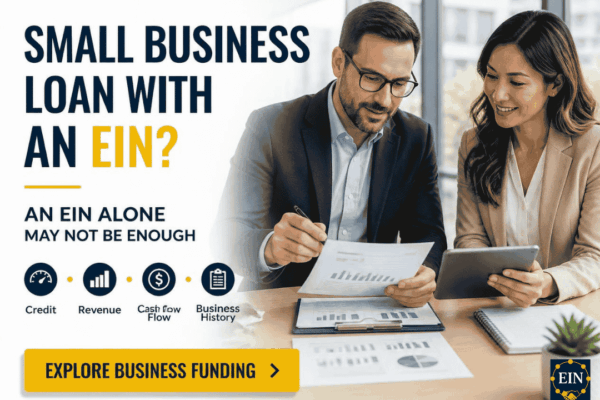 EIN Business Funding graphic explaining that an Employer Identification Number is only one part of qualifying for a small business loan and lenders may also review credit, revenue, cash flow and business history.