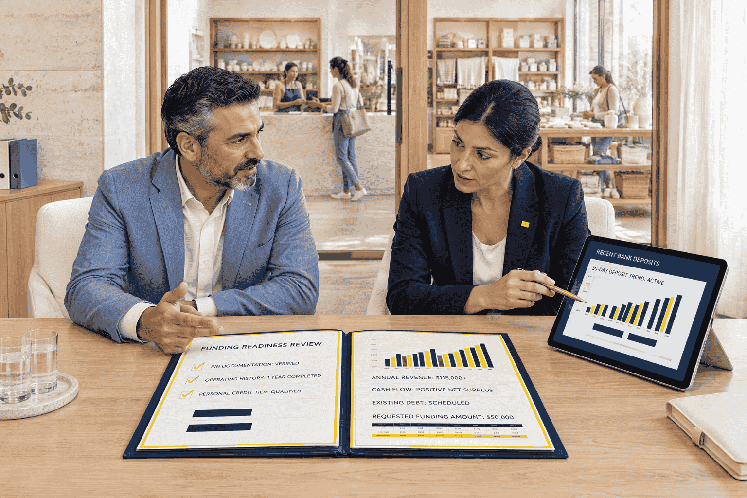 Small business owner reviewing a loan with EIN after one year in business and one hundred thousand dollars in revenue