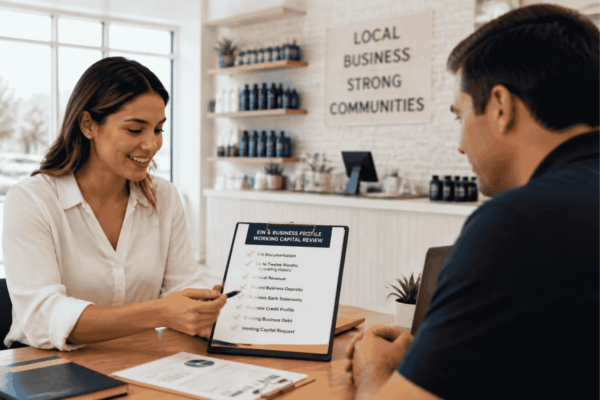 Small business owner reviewing a working capital loan with EIN revenue deposits and credit information
