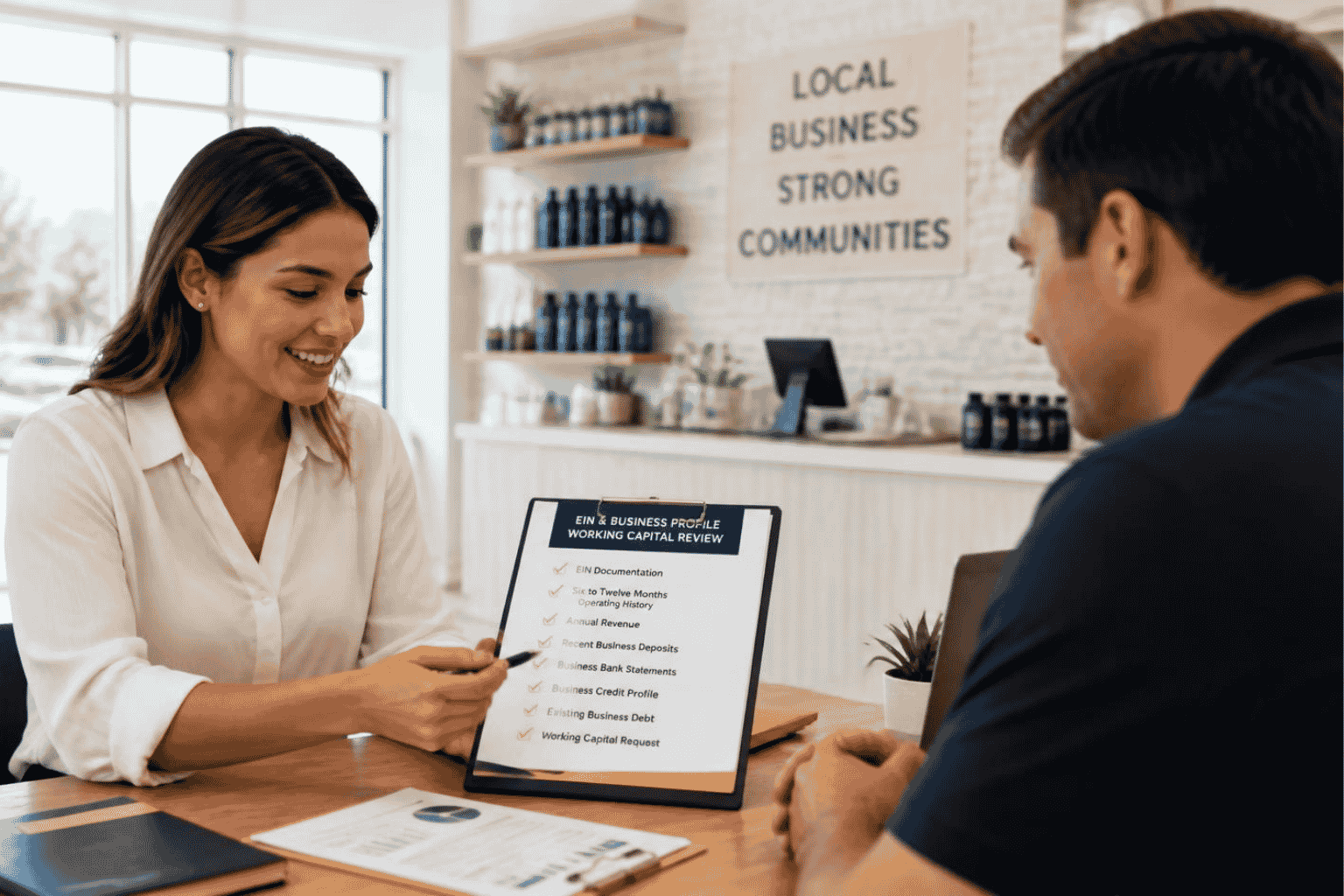Small business owner reviewing a working capital loan with EIN revenue deposits and credit information