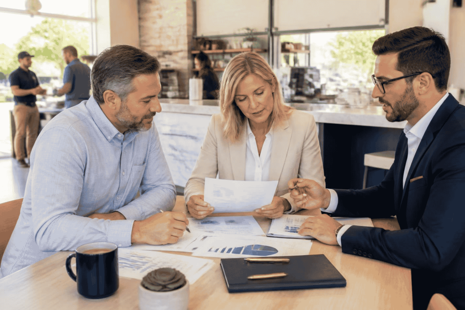 Business partners reviewing financing for a joint company expansion