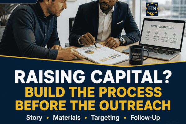 EIN Venture Capital graphic encouraging founders to prepare their business story, investor materials, targeting strategy and follow-up process before beginning investor outreach.