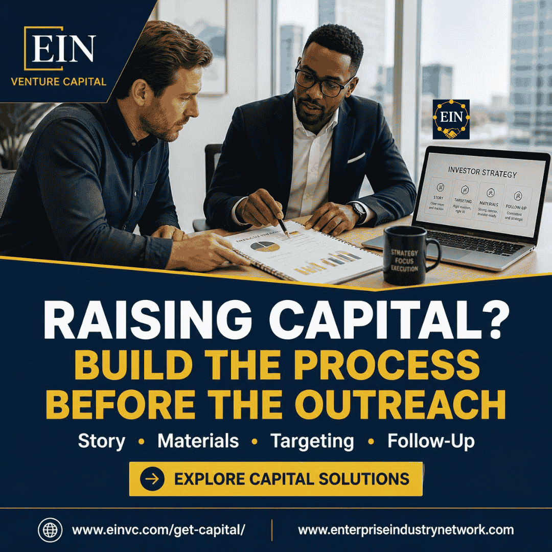 EIN Venture Capital graphic encouraging founders to prepare their business story, investor materials, targeting strategy and follow-up process before beginning investor outreach.
