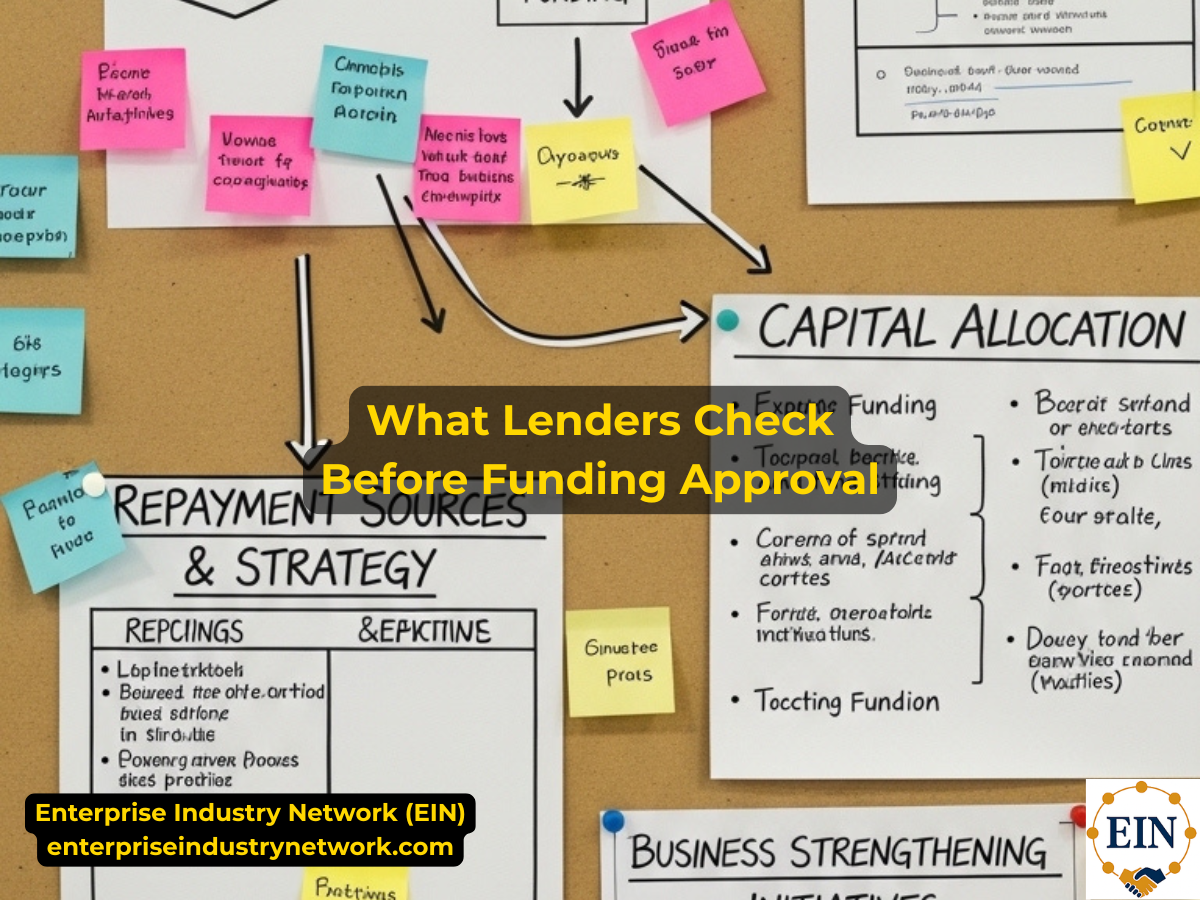 What lenders check before business funding approval, including cash flow, bank activity, repayment ability, debt, credit history, and financial records.
