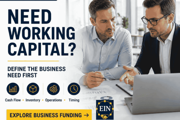 EIN Business Funding graphic encouraging business owners to define cash flow, inventory, operations and timing needs before exploring working-capital financing.