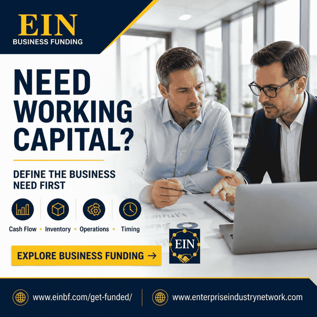 EIN Business Funding graphic encouraging business owners to define cash flow, inventory, operations and timing needs before exploring working-capital financing.