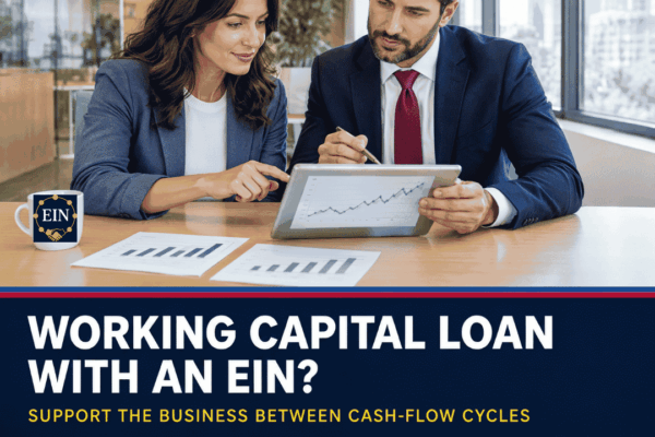 EIN Business Funding graphic for small-business owners exploring a working capital loan with an Employer Identification Number to support cash flow, inventory and operating needs.