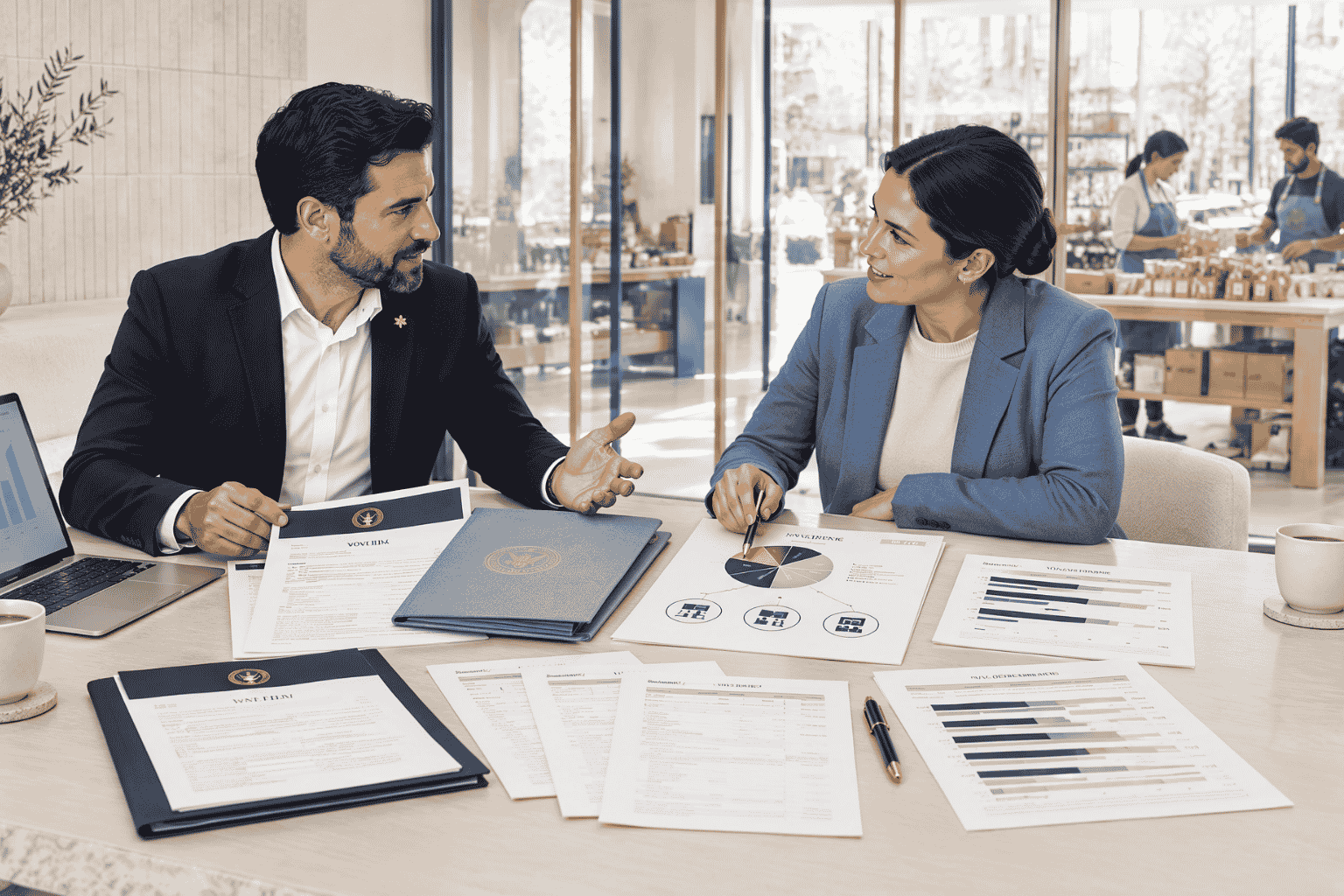 Small business owner and funding advisor preparing for a working capital loan with EIN