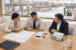 Business owners reviewing working capital for inventory and payroll after a new distribution partnership