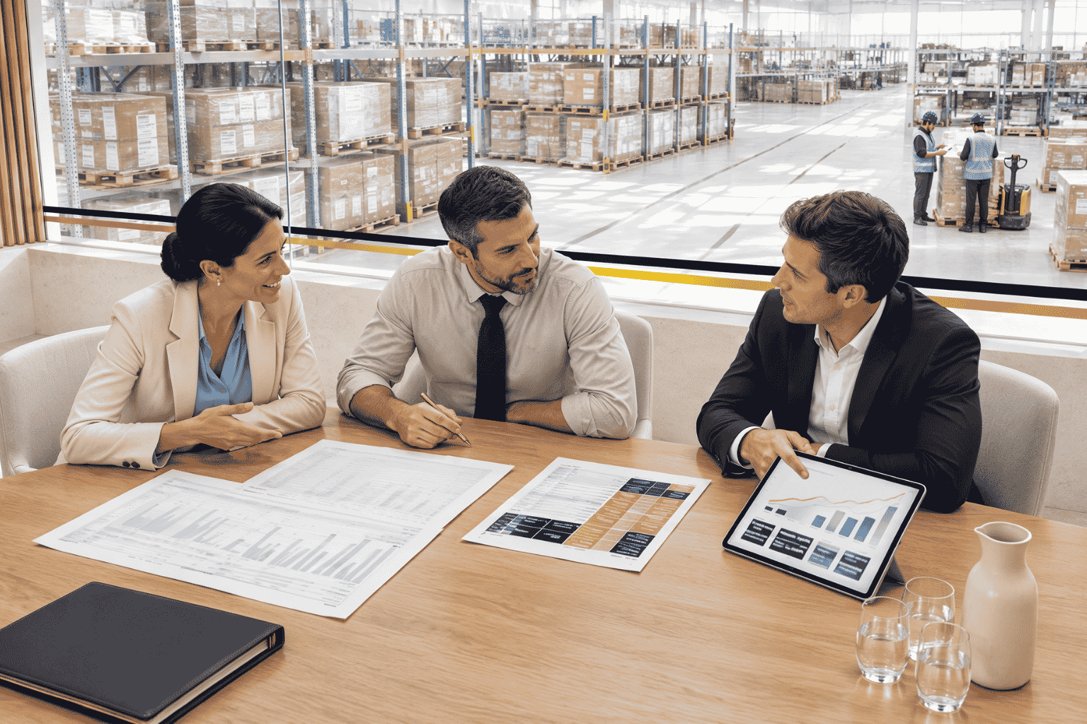 Business owners reviewing working capital for inventory and payroll after a new distribution partnership